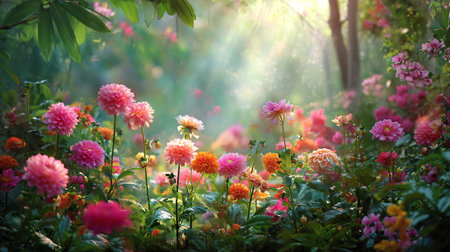 Enchanting flower garden filled with vibrant dahlias bathed in golden sunlightの素材