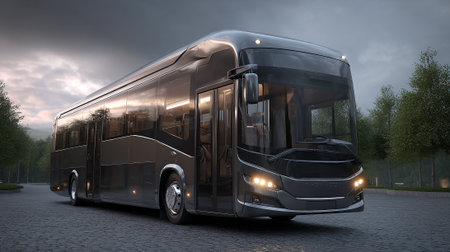 A futuristic black bus is showcased against a natural backdrop of trees and cloudy skies. The bus's design is sleek and modern, reflected in the glass windows, giving it an elegant look.の素材