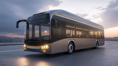 This captivating shot features a modern, stylish public transport bus parked on a city street. It showcases a contemporary urban mobility solution and highlights the advancement in modern transportation.の素材