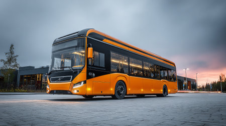 A vibrant orange Volvo electric bus stands prominently on a brick-paved lot. The vehicle has clean, modern lines and large windows. The background reveals a building and a twilight sky.の素材