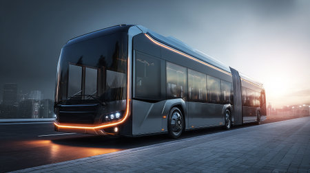 The image shows a futuristic articulated bus parked on a city street at dusk. The vehicle features a modern design with illuminated orange accents against a skyline backdrop.の素材