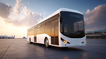A sleek, white airport shuttle bus sits stationary on the tarmac with its headlights on. The bus is gleaming in the sunlight, while a terminal and airplanes are visible in the background.の素材