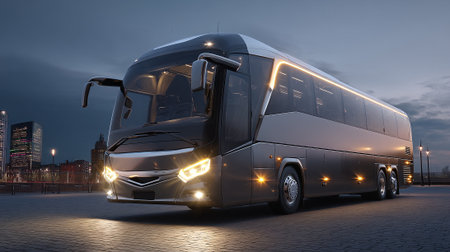 This captivating image features a sleek, modern tour bus illuminated against a cityscape backdrop during the evening twilight hours. The coach is stationary and appears ready to transport passengers on their travels.の素材
