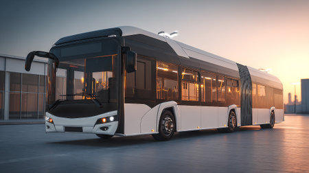 This image features a modern, articulated bus showcasing contemporary design. The bus, primarily white and black, is set against an urban backdrop with a stunning sunset, reflecting light creating warmth.の素材