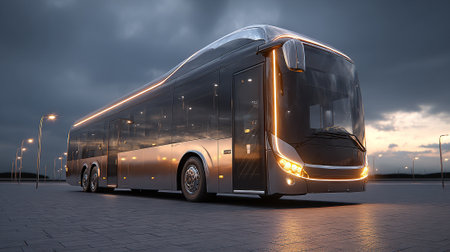 A beautifully rendered image of a modern, luxurious passenger bus parked on a paved surface at twilight, illuminated by streetlights, showcasing its design features and elegant aesthetic.の素材