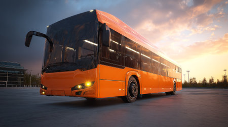 An eye-level medium shot displays an orange bus illuminated by its headlights and interior lights, set against a sky with soft clouds. The bus is parked on gray concrete near buildings.の素材