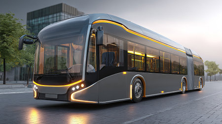 A cutting-edge city bus with clean, futuristic design elements is showcased. The electric vehicle's grey body contrasts with warm lighting, hinting at sustainable urban mobility and innovation in public transport.の素材