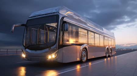A modern electric bus with a sleek, silver design is traveling along an elevated road during dusk, with clouds visible in the background. The bus's headlights are illuminated.の素材