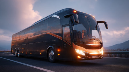 A luxurious, black coach bus drives on a highway at sunset, its sleek design reflecting the evening sky. The vehicle exhibits modern features, positioned against a backdrop of distant hills.の素材