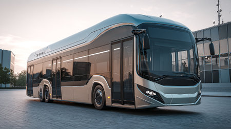 This image showcases a sleek, contemporary electric bus, designed for eco-conscious urban transportation. The bus features a modern silver and black exterior with expansive windows and stands ready for deployment, exemplifying sustainable transport.の素材