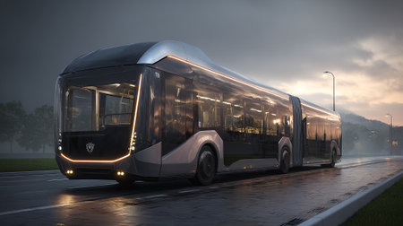 This image features a modern, black and silver articulated bus driving on wet pavement, with street lamps and trees visible in the soft background light of dusk.の素材