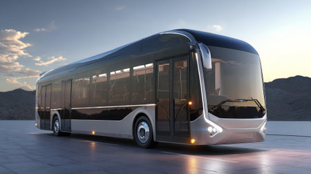 The image shows a futuristic, silver and black bus with tinted windows on a paved surface. Distant mountains and a cloudy sky form the backdrop, conveying mobility and modern design.の素材