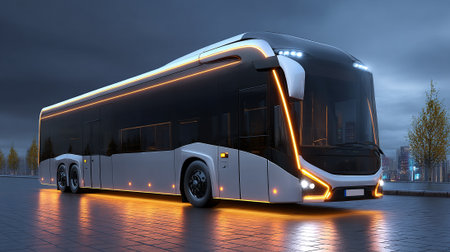 An advanced public transportation vehicle. This modern bus showcases illuminated orange accents against a black and white exterior, under a twilight sky, reflecting on the wet pavement and city backdrop.の素材