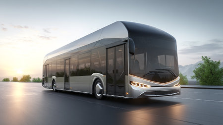 This captivating image features a sleek, modern electric bus traveling on a highway during a picturesque sunrise. The bus's design is futuristic, highlighted by its reflective surfaces and panoramic windows, making for visually stunning transportation.の素材