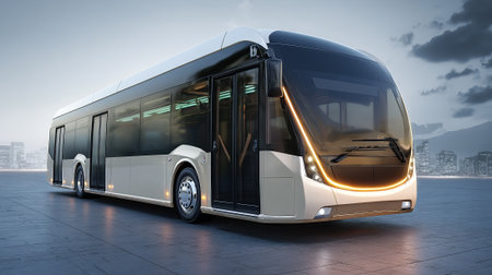 A sleek, low-floor electric bus is shown parked on a paved station in front of a modern city skyline. The bus design features streamlined edges, black details and sliding doors.の素材