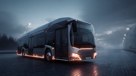 This image features a contemporary electric bus with sleek design elements under a foggy sky. The vehicle is standing on a paved surface, illuminated by soft orange and white lights, creating a modern feel.の素材