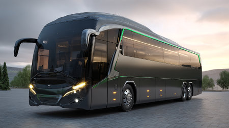 A modern black coach bus with bright headlights and green accent lighting is parked on a paved surface. It is set against a backdrop of trees and a sky.の素材