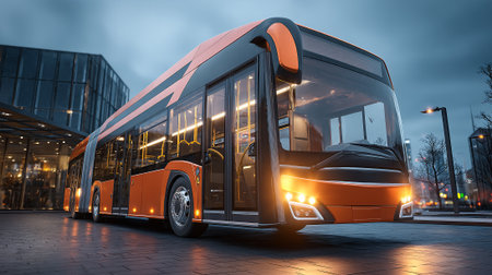 This eye-level shot features a sleek, modern orange city bus parked on a brick sidewalk, with a glass building and a twilight sky visible in the background. The bus's headlights illuminate the scene.の素材