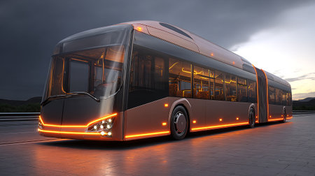 An elongated, futuristic articulated bus sits on a paved surface during the dusk, featuring glowing orange lighting details and large windows showcasing the interior seating. The overcast sky adds mood.の素材