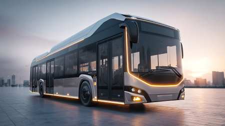 A futuristic electric bus design stands elegantly against a modern city skyline, showcasing a commitment to sustainable urban mobility and innovative public transit solutions.の素材