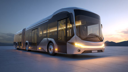 An elongated modern electric bus, finished in silver and black, occupies the foreground. Its headlights illuminate a wide, paved area, with a soft gradient sunset and distant mountains visible.の素材