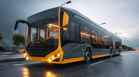 A futuristic articulated bus drives on a wet city street at dusk. The bus has black and yellow accents, bright headlights, and illuminated interior, reflecting off the pavement.の素材