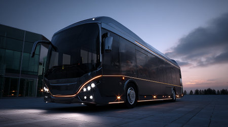 A modern and elegant black bus with glowing accents is parked on a tiled surface, with a reflective glass building in the background, underneath a twilight sky.の素材
