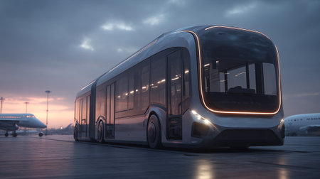 An airport shuttle bus stands on the tarmac with airplanes in the background. The bus has a sleek and modern design, and the image evokes feelings of progress and efficiency in transportation.の素材