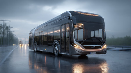 This image features a contemporary black and silver electric bus driving on a wet, reflective road. The sky is overcast and there are other vehicles visible in the distance, suggesting a busy roadway.の素材