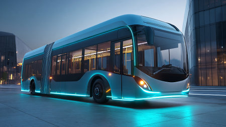 This image features a modern, light blue articulated bus, accentuated with cyan lighting, within a sleek, contemporary cityscape. Reflective buildings provide a backdrop, adding to the vehicle's futuristic aesthetic.の素材