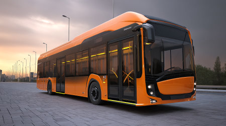 Modern, orange city bus is parked on a paved surface with visible streetlights and distant skyline. It showcases contemporary design and urban transportation, emphasizing eco-friendly commuting solutions.の素材