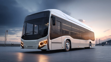 A sleek, modern white electric bus stands on a paved surface, highlighting its design and the integration of sustainable transportation. The scene is set at dusk, providing a futuristic ambience.の素材
