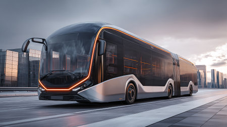 An eye-level shot showcases a modern electric bus driving on a paved road with contemporary architecture and a sunset sky, emphasizing clean transportation and future technology.の素材