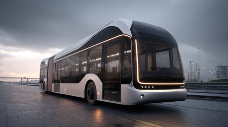 This image features a long, contemporary electric bus with a streamlined design, set against a backdrop of a city skyline under an overcast sky. The bus emphasizes sustainable transport and futuristic urban mobility.の素材
