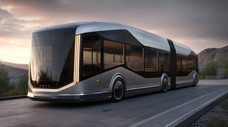 This futuristic articulated bus is seen driving on a smooth road at sunset. The bus is sleek and modern, featuring large windows and a streamlined design, demonstrating public transit evolution.の素材