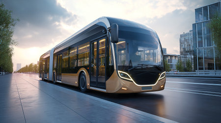 The image shows a sleek, articulated bus driving on a modern city street. The bus has a stylish black and gold color scheme and contemporary design and nearby is urban architecture.の素材