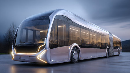 This image features a futuristic articulated bus with a glossy silver exterior and large windows. The vehicle is parked against a twilight sky, suggesting transportation innovation and urban connectivity.の素材