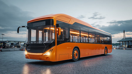This eye-level shot features a striking orange electric bus, showcasing its contemporary design. Parked on a paved surface under a cloudy sky, the bus stands out with its sleek lines and color.の素材