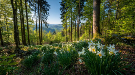 White daffodils in the spring forest, Carpathians, Ukraineの素材