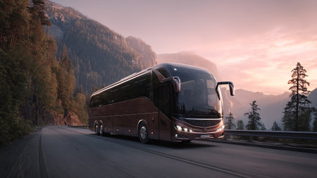 A sleek, modern brown passenger bus drives on a paved road, winding through a mountainous, forested area at dawn or dusk with a soft, colorful sky.の素材