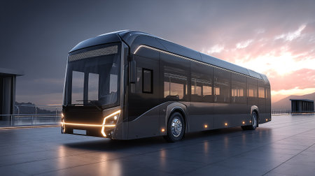 This image showcases a sleek, dark electric bus with illuminated accents. It stands on a modern platform with a twilight sky, mountains and an adjacent structure visible in the background, highlighting eco-friendly mobility.の素材