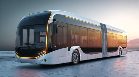 This image features a futuristic, articulated city bus, sleekly designed with clean lines and ample windows, highlighting its commitment to sustainable transportation. The vehicle is white with black accents, parked on a modern gray surface.の素材