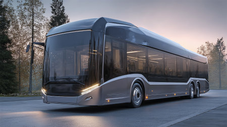 This image features a contemporary silver and black electric bus parked on a paved road near a serene park during dusk. The scene conveys transportation innovation with nature in the background.の素材