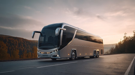 A luxury coach bus drives on an open road at sunset, surrounded by autumn trees and beautiful sky. The lighting highlights sleek design and road trip adventure.の素材