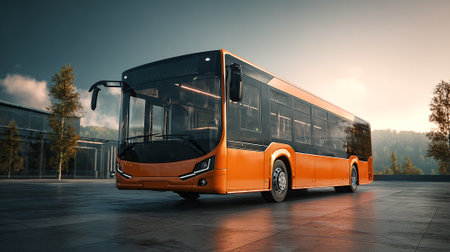This striking image features a contemporary orange-colored city bus parked against a scenic backdrop. The bus showcases a sleek, modern design, highlighting sustainable transportation options. The surrounding natural elements bring a fresh atmosphere.の素材