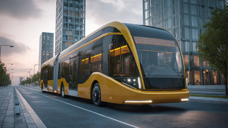 A yellow and black city bus travels on an urban street. Modern architecture is seen in the background with lights in the buildings and a tree line running along the road.の素材