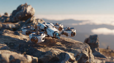 A futuristic white drone with gold accents sits on a rocky mountain peak. It is surrounded by blurred clouds and a blue sky, in a scenic outdoor setting.の素材