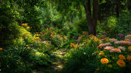 Enchanted Garden Pathway through Lush Foliage and Vibrant Flowers in Springtimeの素材