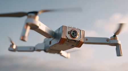 Low angle shot of a white and gold drone with blurred spinning rotors. The camera is centered in the frame with a soft light blue sky in the background.の素材