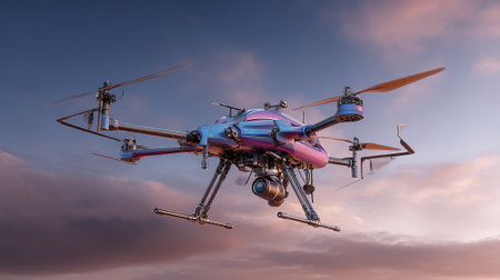 This shot features a high-tech drone hovering in mid-air against a backdrop of soft sunset colors. The drone is futuristic with a professional camera and advanced features.の素材